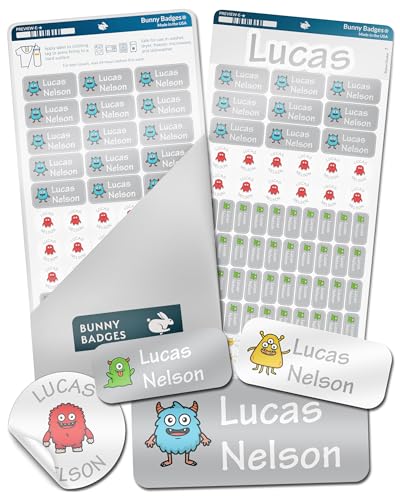 Bunny Badges Personalized Daycare Name Labels for Kids (130 Labels) - Custom Waterproof Name Stickers for Clothing Tags, Water Bottles, Lunch Boxes and School Supplies (Monsters) - color: Monsters