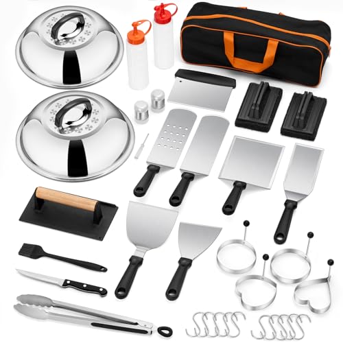 35PCS Griddle Accessories Kit, Leonyo Flat Top Grill Accessories, Grill Tools with Enlarged Spatulas, Melting Dome, Metal Scraper, Burger Press for Outdoor Barbecue Teppanyaki Hibachi Cooking - style: Rectangle Bacon Press