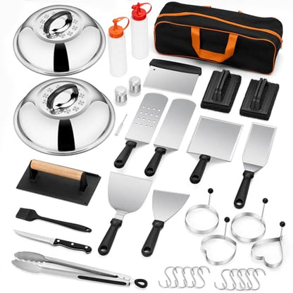 35PCS Griddle Accessories Kit, Leonyo Flat Top Grill Accessories, Grill Tools with Enlarged Spatulas, Melting Dome, Metal Scraper, Burger Press for Outdoor Barbecue Teppanyaki Hibachi Cooking - style: Rectangle Bacon Press