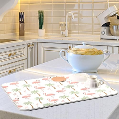Tropical Flamingo Palm Tree Dish Drying Mat for Kitchen Counter Super Absorbent Draining Mat with Non-slip Backed Dish Rack Pad for Dish Bottles Cups Bowl Sinks Countertops Draining Racks