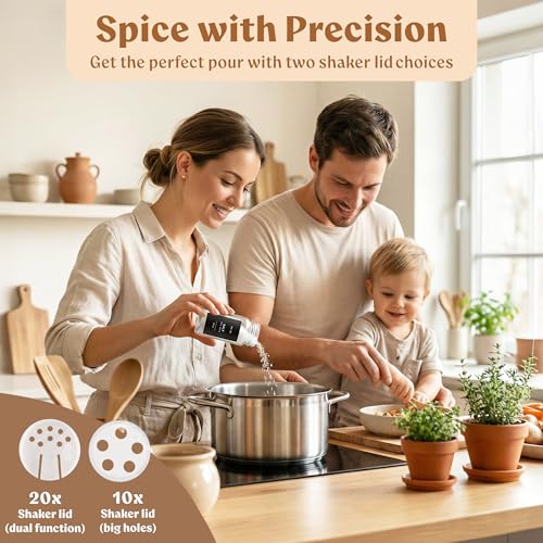 EDELHAUS Glass Spice Jars with Label and Black Aluminium Lids (24 x 4oz) Spice Containers with 240 Labels, Shaker Inserts, Steel Funnel, Empty Square Seasoning Organizer (Black Aluminium Lid) - color: Black Aluminum Lid