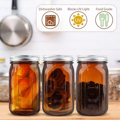 CARBLIN 4 Pack Mason Jars 32 oz, Amber Wide Mouth Canning Jars with Airtight Lids, Glass Pint Jars with Bands Labels Brush, Large Storage Quart Jars for Jam Fermenting Preserving - color: Amber