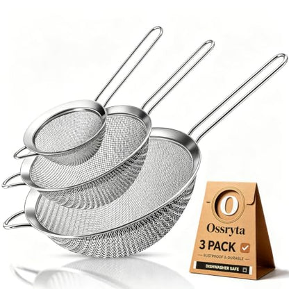 Fine Mesh Strainer Set of 3 - Stainless Steel Sieve with Handles for Kitchen, Multipurpose Metal Wire Strainers for Flour, Rice, Quinoa, Pasta, Tea, Noodles & Food (2.8", 4.7", 7")
