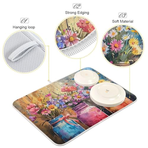 Absorbent Dish Drying Mats, Colorful Mason Jars Spring Flowers Quick Drying Coffee Bar Mat, Reversible Dish Draining Mat Kitchen Countertop Mat, 18 x 24 Inch - size: 18x24in