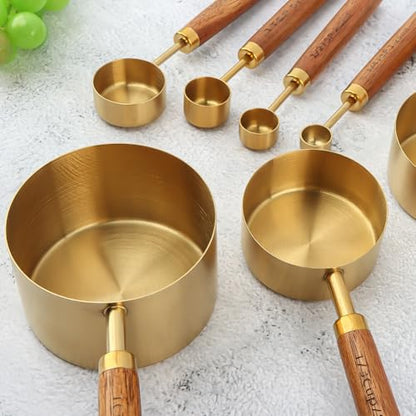 Gold Measuring Cups and Spoons Set of 8, Stackable Stainless Steel Measuring Spoons and Measuring Cup Set with Wood Handles, Dry & Liquid Measuring Cups for Cooking & Baking