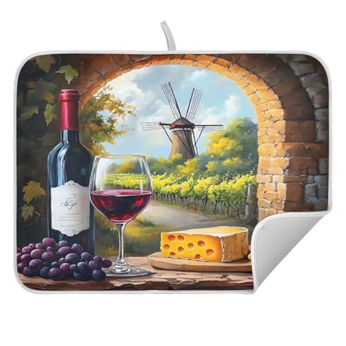 Red Wine Glasses with Grape Cheese Farm Dish Drying Mats for Kitchen Counter, 18x24 inch Drying Dishes Absorbent Microfiber Dish Drainer Mat Rack Pad Fast Dry - size: 18x24in