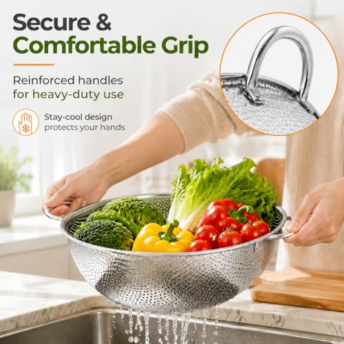 TeamFar Colander Set of 3, Stainless Steel Perforated Metal Colander Strainer with Handles for Spaghetti, Pasta, Berry, Rust Free & Dishwasher Safe - 1/3/5-quart - size: 1 + 3 + 5qt