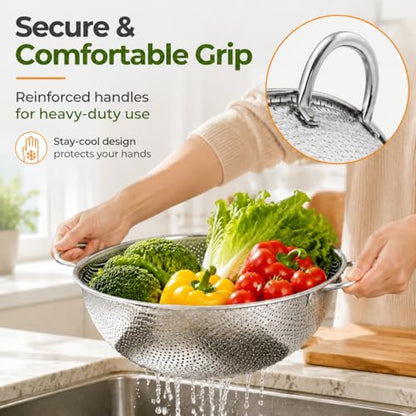 TeamFar Colander Set of 3, Stainless Steel Perforated Metal Colander Strainer with Handles for Spaghetti, Pasta, Berry, Rust Free & Dishwasher Safe - 1/3/5-quart - size: 1 + 3 + 5qt