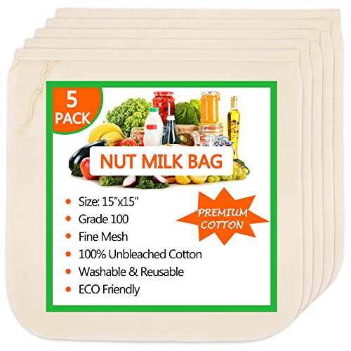 5 Pack Nut Milk Bag 15"x15", Cheesecloth bags for Straining Reusable, 100% Unbleached Cotton Cloth, Almond/Oat/Soy Milk Strainer, Filter Bag for Cheese/Yogurt/Juice/Cold Brew Coffee Wine/Soup