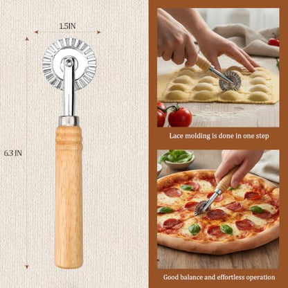 Pastry Cutter Wheel, Crinkle Wheel with Beech Wood Handle | 304 stainless steel crinkle blade, beech wood handle, multi-use for pizza pasta pastry cookie ravioli, 5 variants - color: Long Handle Small Cutter Wheel