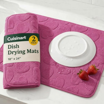 Cuisinart Dish Drying Mat for Kitchen Counter - 2-Pack XL 18x24 Ultra Absorbent Microfiber Dish Mat - Fast Drying, Machine Washable, Foldable Countertop Pad - Safe for Granite & Quartz - color: Hearts Pink