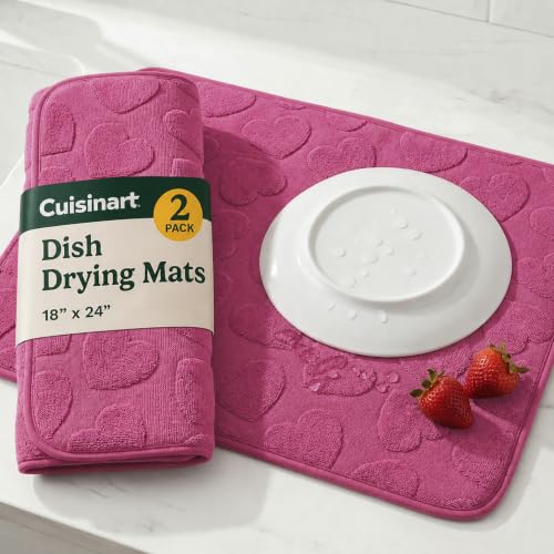 Cuisinart Dish Drying Mat for Kitchen Counter - 2-Pack XL 18x24 Ultra Absorbent Microfiber Dish Mat - Fast Drying, Machine Washable, Foldable Countertop Pad - Safe for Granite & Quartz - color: Hearts Pink
