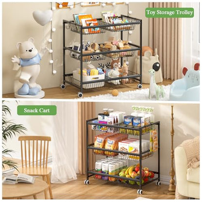 3-Tier Rolling Pantry Floor Organizer Cart with 6 Detachable Baskets, Metal Wire Fruit Basket Stand with Wheels, Kitchen Storage Cart for Fruit Vegetables, Snack Cart for Pantry Kitchen Living Room - size: 3-tier 6 baskets