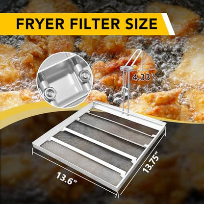 Commercial Deep Fryer Filter Skimmer Basket (13.75" x 13.6") – Stainless Steel 550 Micron Mesh Oil Filter Screen for High-Volume Frying, Heavy-Duty Oil Strainer, Manual Included