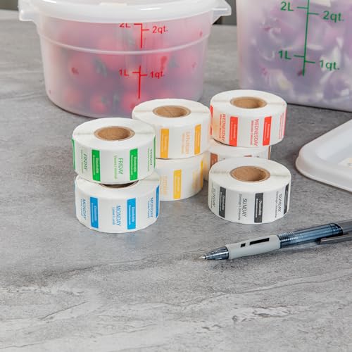 Restaurantware RW Smart 1 Inch x 1 Inch Food Rotation Labels 3500 Dissolvable Food Safety Labels - Premium Trilingual Paper Day Of The Week Labels For Food Storage Or Prep Weekly - style: 7-Day