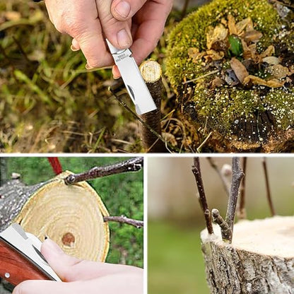 Garden Grafting knife,Stainless Steel Double Blades Rosewood Handle Pruning Knife,3 Grafting Tape Buddy Tape for Fruit Trees,Gardening Grafting Tool