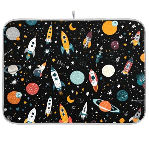Dish Drying Mat for Kitchen Counter Dish Mat Dish Drainer Mats Kitchen Drying Mat Pad Microfiber Absorbent Reversible 18x24 Inch Black Rockets Space Moons Stars - color: Black Rockets Space Moons Stars, size: 24" x 18"