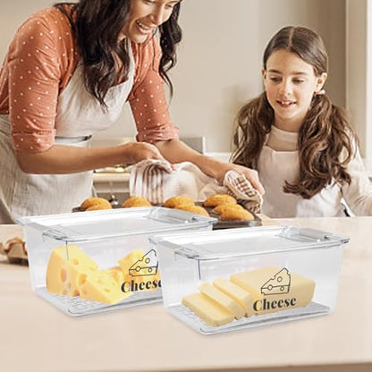 Cheese Container Airtight with Draining Basket Cream Cheese Sliced Cheeses Box with Lid Saver for Fridge Cheeses Keeper Cream Block Shredded Storage Box Saver (Clear - 2 Pack) - color: Clear - 2 Pack