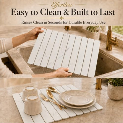 2 PCS Large Stone Dish Drying Mat for Kitchen Counter, 24" x 16" Diatomaceous Earth Dish Mat with 8" x 4" Coaster, Quick Dry Foldable Absorbent Mat for Dishes, Cups, Bottles (White) - color: White