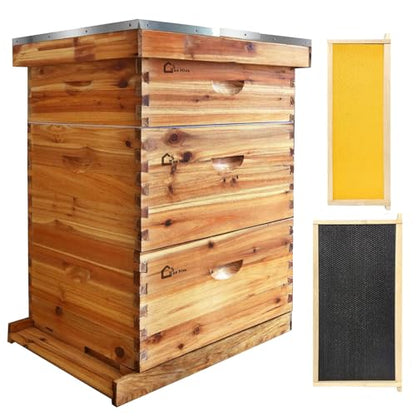 Bee Hive Box 10 Frame-Bee Hive Boxes with Honey Spout,Langstroth Beehive Box,Wax-Coated Complete Honey Bee Hives Boxes Starter Kit with Deep & Medium Boxes