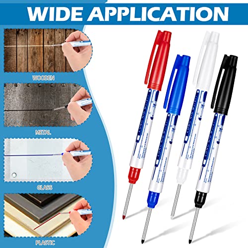 Gersoniel 4 Pcs Long Nib Marker 30 mm Deep Reach Markers Long Nose Waterproof Deep Hole Marker Carpenter Ink Reach Permanent Pens for Men Father Day Gift Carpenters Construction Builders 4 Colors