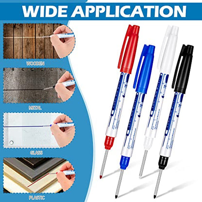 Gersoniel 4 Pcs Long Nib Marker 30 mm Deep Reach Markers Long Nose Waterproof Deep Hole Marker Carpenter Ink Reach Permanent Pens for Men Father Day Gift Carpenters Construction Builders 4 Colors