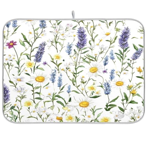 Kcldeci Wildflowers Daisies Dish Drying Mat for Kitchen Counter Decor 16x18 Inch Dish Drying Pad Drainer Rack Mats for Coffee Bar - color: C17, size: 16x18in