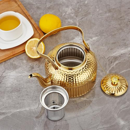 SANQIAHOME Antique 1.4L (45 Oz) Stainless Steel Teapot with Infuser Gold - color: Gold, size: 1.4 Liters