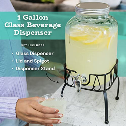 Estilo Gallon Drink Dispenser with Stand - Glass Beverage Dispenser with Stand for Weddings - Sun Tea Jar with Spigot 1 Gallon - Countertop Glass Water Dispenser for Lemonade and Parties - style: Single w/ Stand