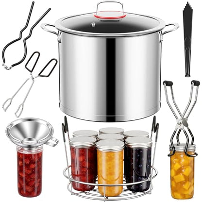 Pisol Canning Supplies Starter Kit with 21 Qt Canning Pot, Stainless Steel Canning Tool Set - Canning Rack, Wide Mouth Funnel, Pot, Lid Lifter, Tongs, Jar Wrench, Lid Lifter for Beginner, Black