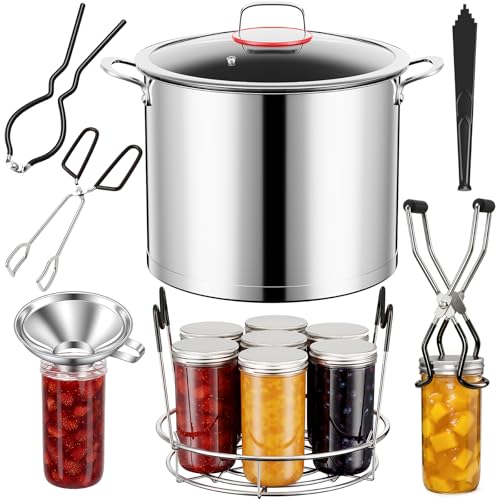 Pisol Canning Supplies Starter Kit with 21 Qt Canning Pot, Stainless Steel Canning Tool Set - Canning Rack, Wide Mouth Funnel, Pot, Lid Lifter, Tongs, Jar Wrench, Lid Lifter for Beginner, Black