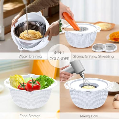 4-1 Strainer with Bowl Set - Rotatable Colander for Kitchen(Patented) - Strainers and Colanders - Pasta Strainer with New Upgraded Graters for Fruit Veggie Fun Kitchen Presents - White - color: White