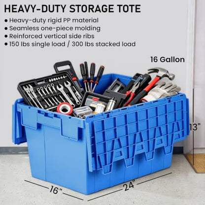 Storage Totes with Hinged Lids, 16 Gallon 9-Pack – Heavy-Duty Stackable & Nesting Bins with Attached Lid – Lockable 24x16x13 in Plastic Containers for Moving, Garage & Warehouse, Blue - color: 9 Pack