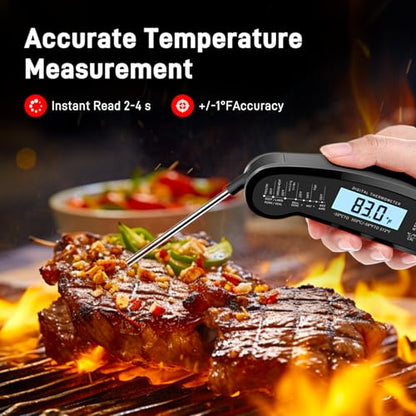 Instant Read Meat Thermometer Digital, Waterproof Food Thermometer with Magnet, Fast and Accurate, Backlight Calibration for Cooking, Grilling, BBQ, Baking, Smoker, Candy Making, Black