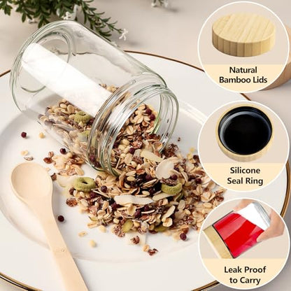 TBWIND 4 Pack 16oz Glass Jars with Bamboo Lids, Spoons, Airtight Overnight Oats Containers, Wide Mouth Mason Jars, Food Storage Container for Yogurt Salad Snacks Spice Sugar Meal Prep – Reusable - color: 16oz-Natural Lids-4 Spoon