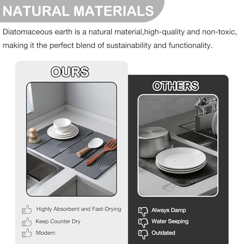 Large Stone Dish Drying Mat for Kitchen Counter,Collapsable Stone Dish Drying Mat with Diatomaceous Earth for Quick Drying-Ultra Absorbent-Eco-Friendly,Foldable-23.6"×15.7" Dark Gray Curved Grooves - color: HXTY-Dark Grey