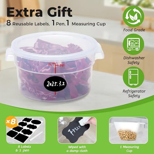 BIEAMA 4 Pack 2 Qt Round Food Storage Containers with Lids, Translucent PP | Include lids, labels, measuring cups and containers with capacity markings for food prep, pantry storage and dough proofing. - color: 2Qt Round-4 Pack