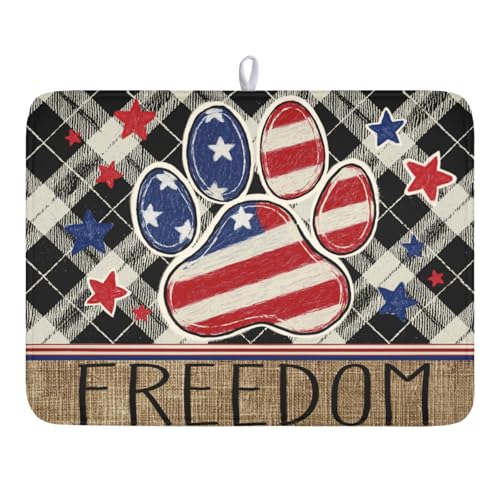 4th of July Dish Drying Mat 24x18 Inch, Patriotic Drying Mat with Absorbent Reversible Microfiber, Independence Day Dish Drainer Mats Memorial Day Rack Pad for Coffee Countertop Kitchen Protector - color: Patriotic Cute Black Blue Red, size: 24" x 18"
