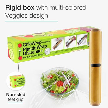 Chicwrap Veggies Refillable Plastic Wrap Dispenser - Includes One 12" x 250' Roll of Professional Grade Plastic Wrap - BPA Free and Kosher Certified - Reusable Dispenser w/Slide Cutter - style: Veggies