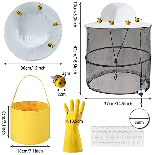 38Pcs Beekeeper hat Set Including 1Pc Bee Keeper Hat, 4Pcs Wool Felt Bee,10pcs Small Wooden Bee,Double Side Tape Yellow Beekeeping Gloves and Felt Bucket for Beekeeper Halloween Costume Adult ﻿