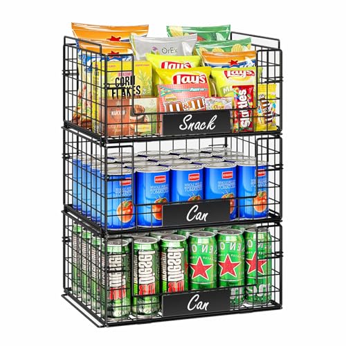 JKsmart 3 Pack XXL Stackable Wire Baskets with Handles for Pantry Storage and Organization, Fruit and Vegetable Basket with Name Plates, Metal Storage Bins for Snack Can Fruit Veggies, XXL - size: XXL-16.34"x12.01"x23.61"