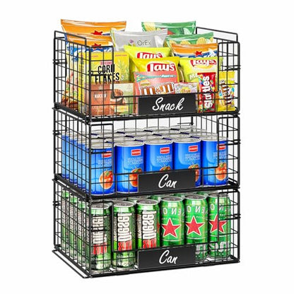 JKsmart 3 Pack XXL Stackable Wire Baskets with Handles for Pantry Storage and Organization, Fruit and Vegetable Basket with Name Plates, Metal Storage Bins for Snack Can Fruit Veggies, XXL - size: XXL-16.34"x12.01"x23.61"