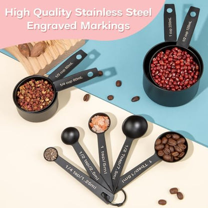 Measuring Cups and Spoons Set of 9, Stainless Steel Measuring cup for Cooking and Baking, Measuring spoons for Dry and Liquid Ingredients (Black) - color: Black