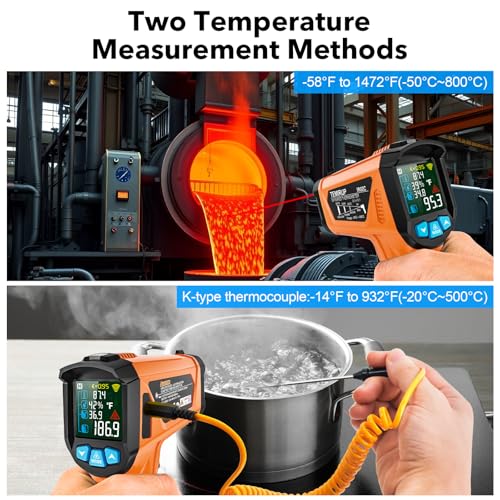 Infrared Thermometer Gun, TEMIRUP Digital Laser Temperature Gun, -58°F to 1472°F, Non Contact IR Temp Gun with Color LCD for Industrial, Cooking, Griddle, Engine, HVAC,Adjustable Emissivity & Humidity - color: Orange -58°F~1472°F (-50°C~800°C)
