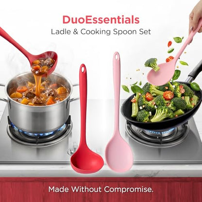 Kitchen Mama DuoEssentials Ladle & Cooking Spoon Set, Red | Silicone, Heat Resistant, One-Piece Design, For Nonstick Cookware, For Soup, Stirring, Serving & Sauteing - color: Red