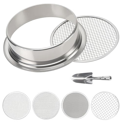 5-in-1 Garden Soil Sifter with 5 pcs (1,3,6,9,12mm) Sieve Meshes and Shovel, Stainless Steel Mesh Sifter for Sand Sifting, Compost Processing, Potting Mix