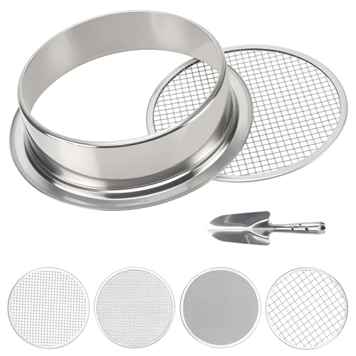 5-in-1 Garden Soil Sifter with 5 pcs (1,3,6,9,12mm) Sieve Meshes and Shovel, Stainless Steel Mesh Sifter for Sand Sifting, Compost Processing, Potting Mix