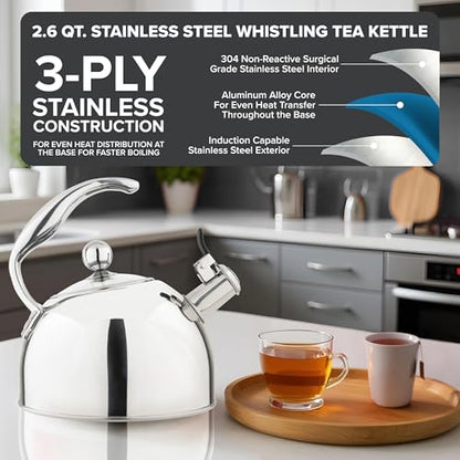 Viking 3-Ply Stainless Steel Tea Kettle, 2.6 Quart Stovetop Hot Water Pot with Tempered Glass Lid, Ergonomic Handle, Induction Ready, Mirror Finish - color: Mirror Finish