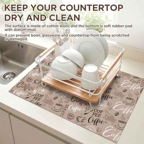 Coffee Theme Dish Drying Mat for Kitchen Counter Absorbent Microfiber Dish Drainer Mats Reusable Coffee Mat Bar for Countertop Washable Dishes Utensils Drying Pad 12x20 Inch