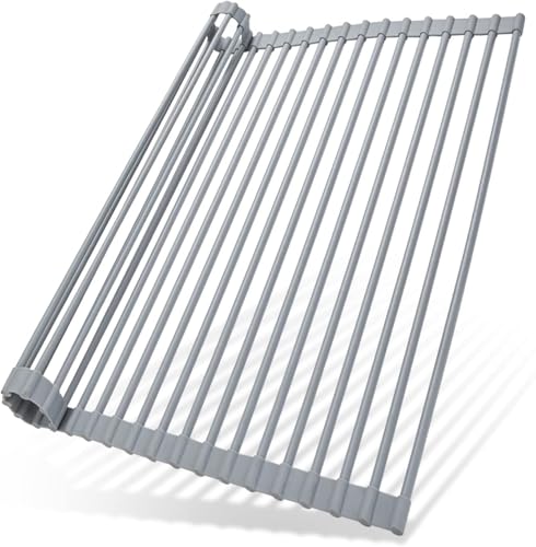 Ohuhu Over Sink Dish Drying Rack Silicone Wrapped 17.6" W x 15.4" L Large Over the Sink Roll Up Dish Drainer - Foldable Sink Drying Rack Rolling Drain Mats Anti-Slip Multipurpose for Kitchen Counter - color: Gray, size: 17.6"W x 15.4"L